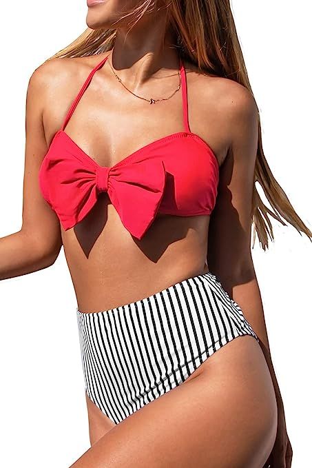 CUPSHE Women's High Waisted Bikini Swimsuit Halter Design Striped Bottom Set | Amazon (US)