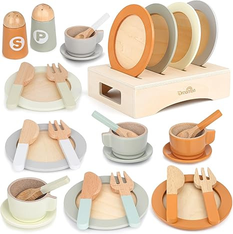 Wooden Play Dishes and Plates for Kids Kitchen Set, 27 PCS Wooden Play Kitchen Accessories, Kitch... | Amazon (US)