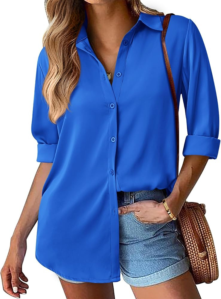 BTFBM Women's Satin Button Down Shirts Roll Up Long Sleeve Lapel V Neck Loose Casual Work Summer ... | Amazon (US)