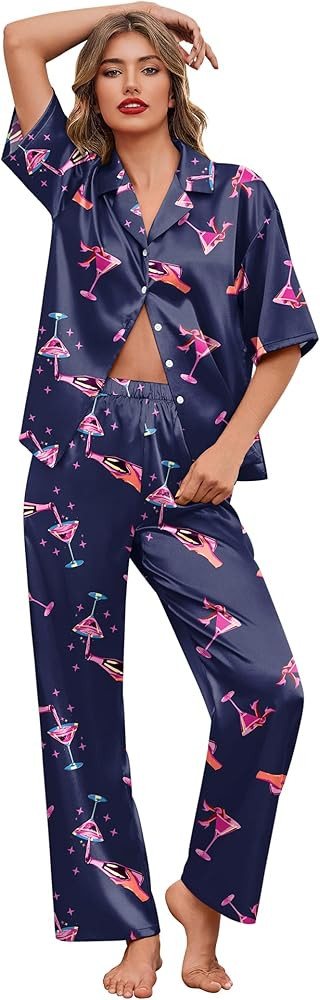 Ekouaer Silk Satin Pajamas Set Women Short Sleeve Pj Sets Button Down Sleepwear 2 Piece Soft Loun... | Amazon (US)