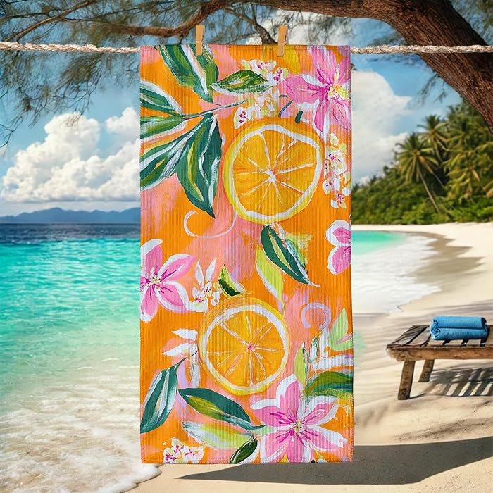 Vibrant Citrus Lemon Beach Towel Orange Tropical Floral Design, Quick Dry Absorbent Sand Free Sof... | Amazon (US)