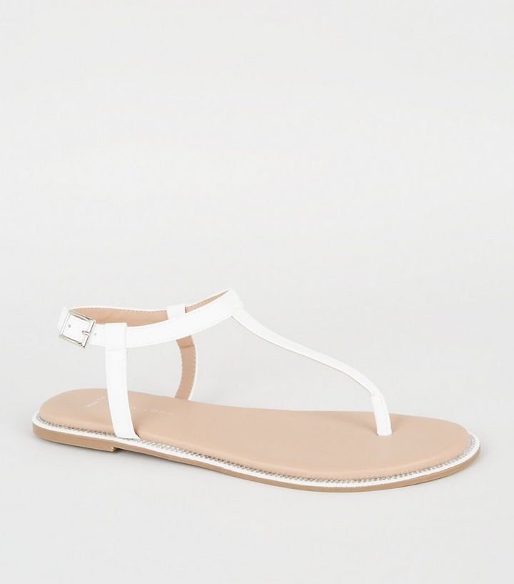 Wide Fit White Leather-Look Diamanté Sandals | New Look | New Look (UK)