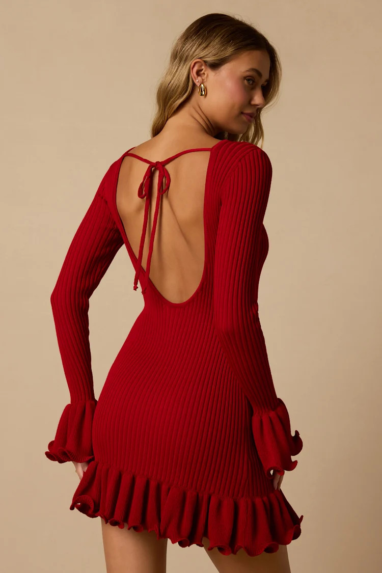 Waverly Red Ribbed Ruffled Tie-Back Sweater Mini Dress | Lulus