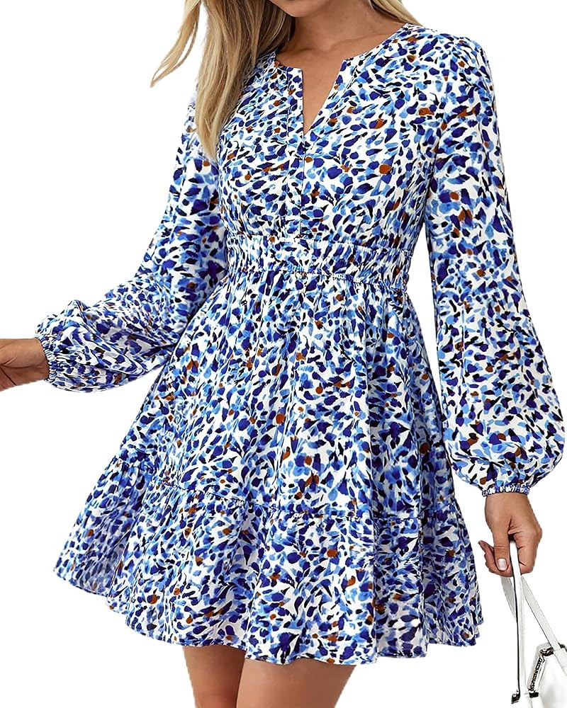 BTFBM Long Sleeve Dress for Women 2026 Spring Summer Mini Elastic Waist Floral Boho Beach Vacatio... | Amazon (US)