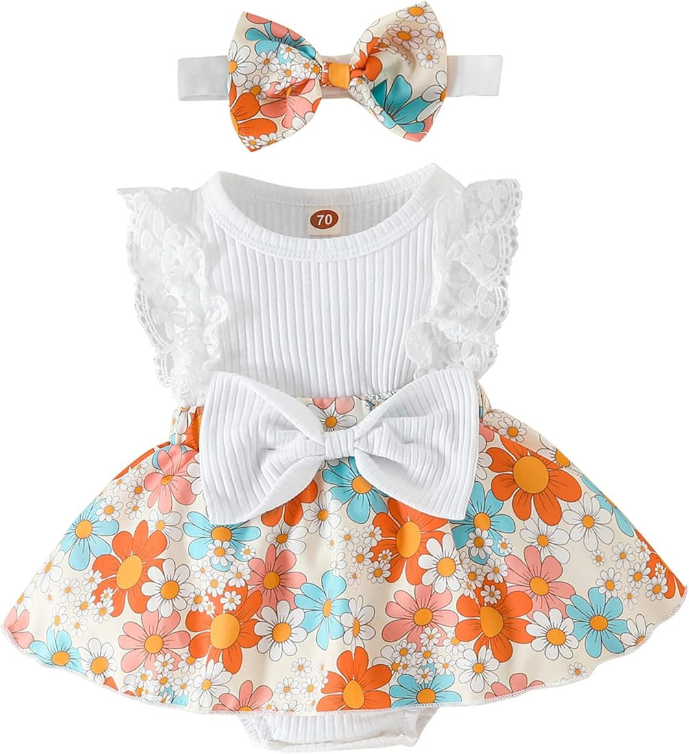 Mubineo Baby Girl Summer Clothes Outfits Sleeveless Lace Floral Romper Dress Newborn Outfit | Amazon (US)