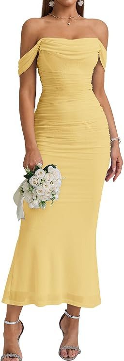 KUTUMAI Off The Shoulder Maxi Long Dress Corset Ruched Bodycon Formal Wedding Guest Dresses for W... | Amazon (US)