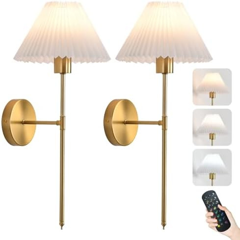 Rechargeable Wall Sconces Set of 2, Gold Battery Operated Wall Lights with Remote, Dimmable Pleat... | Amazon (US)