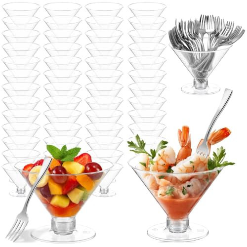 100 Pack Plastic Martini Glasses Disposable with Mini Silver Forks, 50 Pcs Forks and 50 Pcs 5oz Shrimp Cocktail Cups, Clear Disposable Cocktail Glasses for Wedding, Desserts and Appetizers (Clear) | Amazon (US)