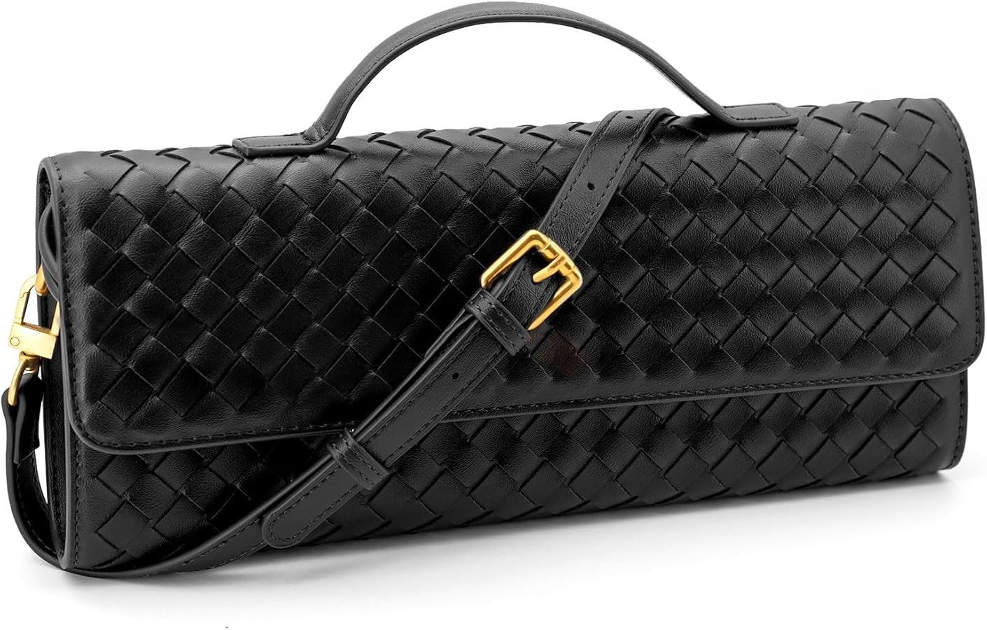 Woven Clutch Purse Ladies Top Handle Handbag Leather Crossbody Shoulderbag with Detachable Strap | Amazon (US)