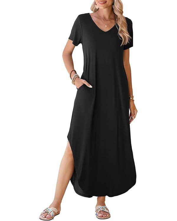 BELAROI Womens Plus Size Maxi Dresses Summer T Shirt Dress Casual V Neck Short Sleeve Long Dress ... | Amazon (US)