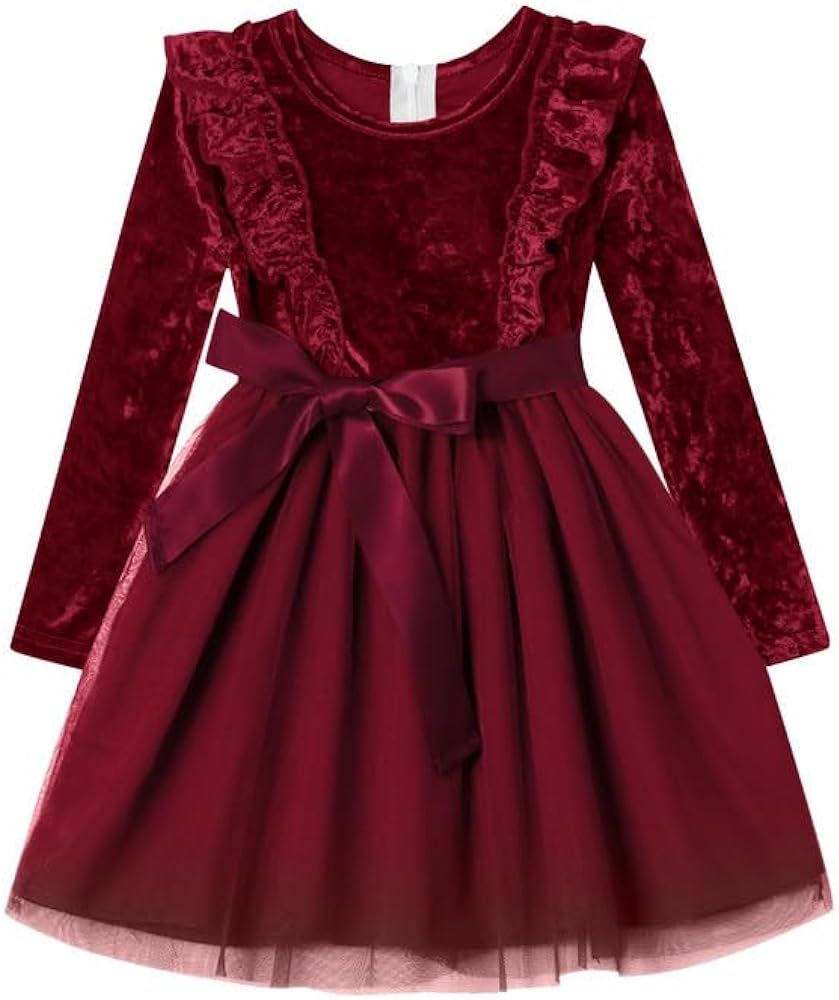 IIMMER Christmas Baby Little Girls Velvet Ruffle Long Sleeve Tulle Midi Dress | Amazon (US)