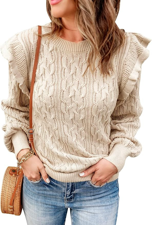 AlvaQ Women Crewneck Casual Ruffle Long Sleeve Cable Knit Sweater Winter Pullover Jumper Tops | Amazon (US)