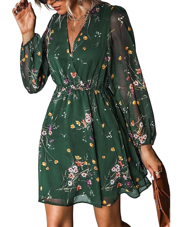 CUPSHE Women's Floral Print Chiffon A-Line Mini Dress Long Peasant Sleeves | Amazon (US)