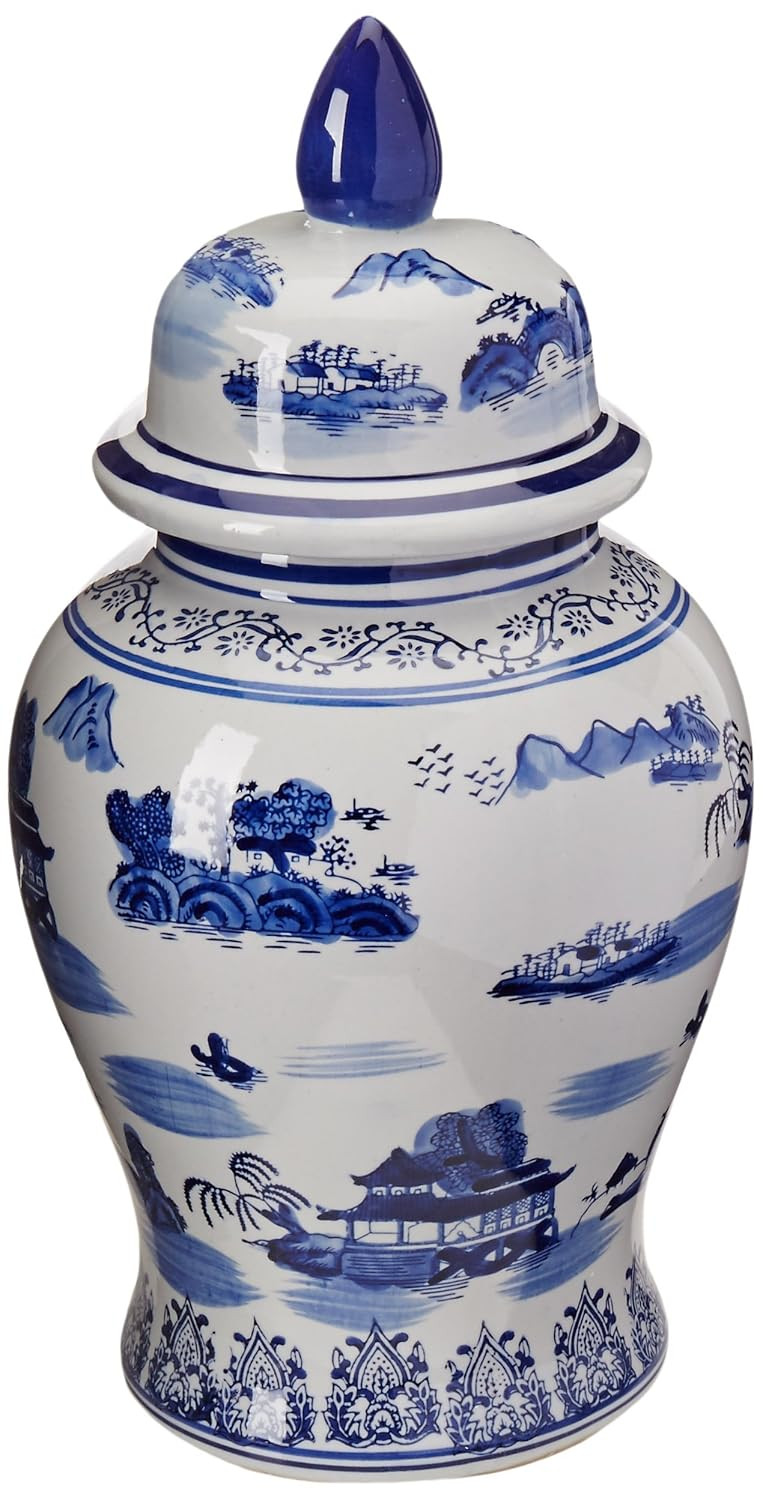 Oriental Furniture 18" Landscape Blue & White Porcelain Temple Jar | Amazon (US)