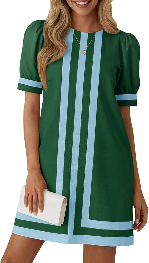 Wenrine Womens Summer Mini Dress Puff Sleeve Loose Casual Shift Dresses | Crewneck, Striped, Colo... | Amazon (US)