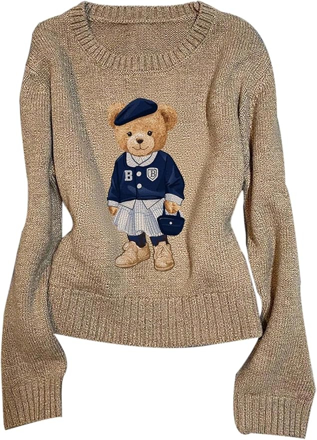 GORGLITTER Women's Bear Sweater Cute Long Sleeve Crew Neck Knitted Pullover Tops | Amazon (US)