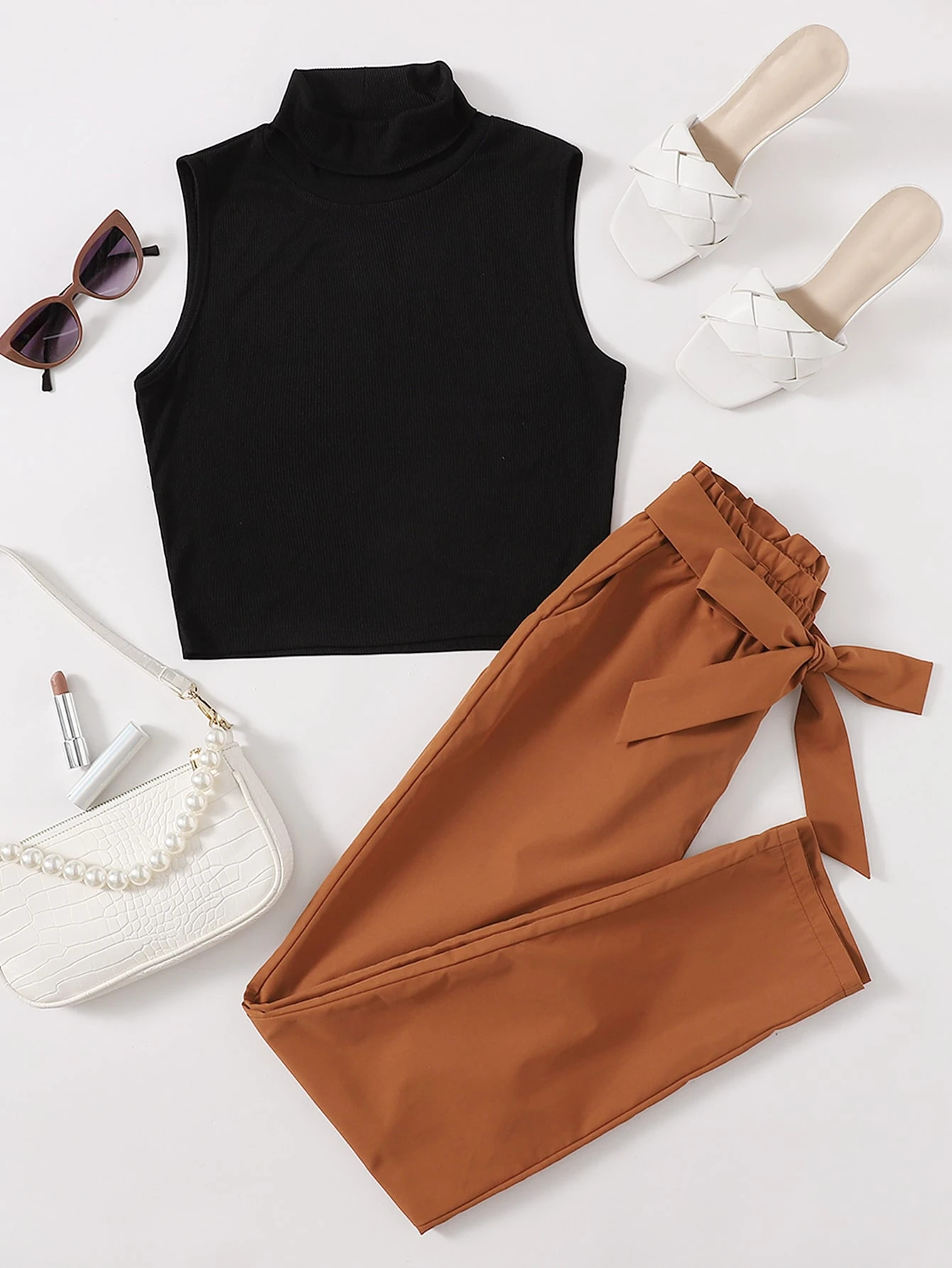 Plus Mock Neck Tank Top & Belted Pants | SHEIN