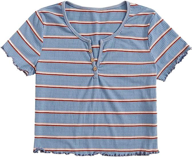 SweatyRocks Women's Basic Short Sleeve V Neck Ribbed Knit Crop Top Tee Shirt | Amazon (US)