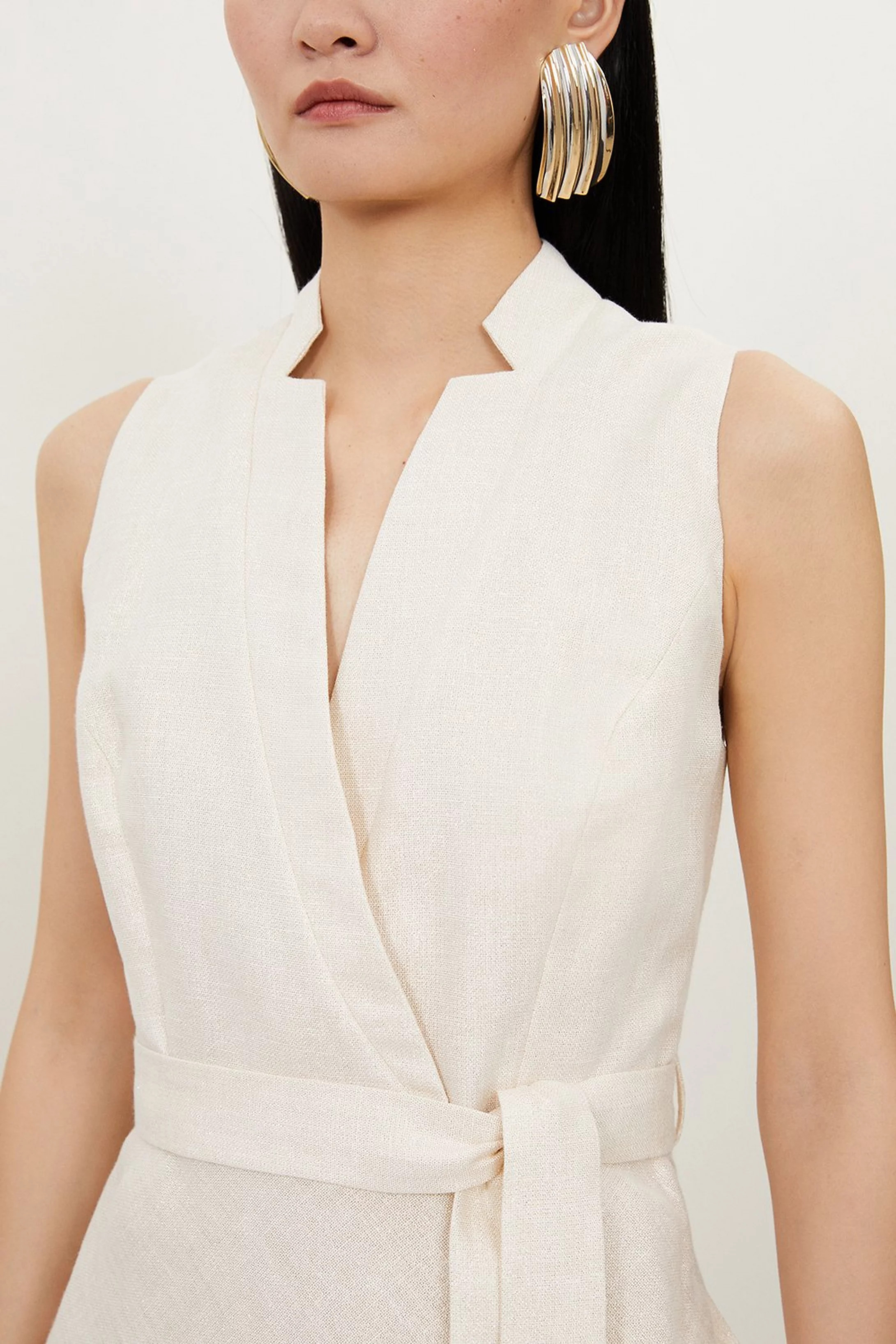 Tailored Linen Metallic Notch Neck Maxi Dress | Karen Millen UK + IE + DE + NL