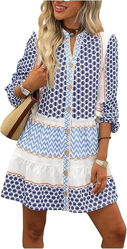 SOLY HUX Women's Summer Printed Smocked Dresses Button Down Long Sleeve Flowy Vacation Mini Dress | Amazon (US)