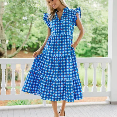 Created Beauty Blue Apple Gingham Midi Dress | The Mint Julep Boutique