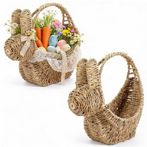 Suzile 2 Pcs Easter Bunny Seagrass Basket Bunny Woven Basket with Handle Rabbit Wicker Rattan Candy Eggs Tray Picnic Hamper for Kitchen Easter Table Party Decoration Storage, 10 x 10 x 5.5 Inches | Amazon (US)