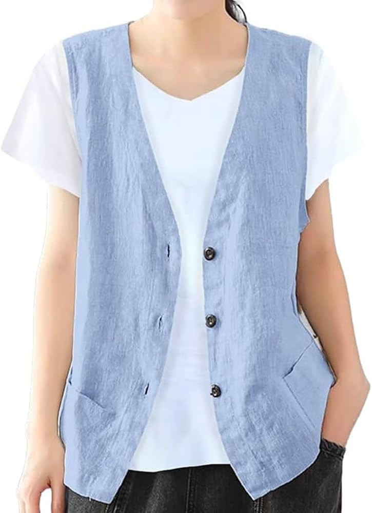 Womens Cotton Linen Vest Casual Sleeveless Blazer | Amazon (US)