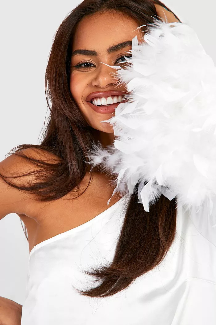 Premium Feather One Shoulder Satin Mini Dress | boohoo (US & Canada)