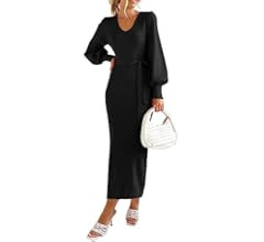 Women's 2023 Fall Knit Pullover Sweater Elegant Long Lantern Sleeve V Neck Maxi Dress | Amazon (US)