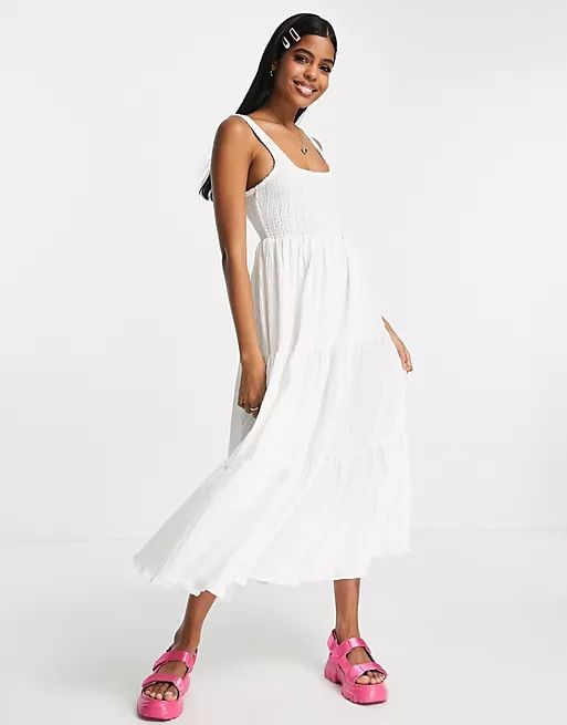 ASOS DESIGN shirred maxi sundress with tiers in stripe texture in white | ASOS (Global)