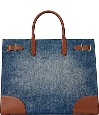 Lauren Ralph Lauren Devyn Leather-Trim Denim Large Tote Bag - Sunset Indigo Wash/Lauren Tan | Dillard's
