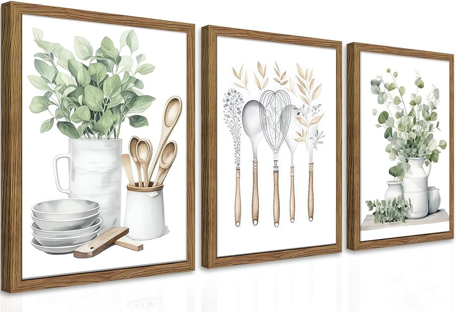 Sage Green Kitchen Canvas Wall Art Set of 3 – Framed Minimalist Eucalyptus Leaves Wall Decor Ar... | Amazon (US)