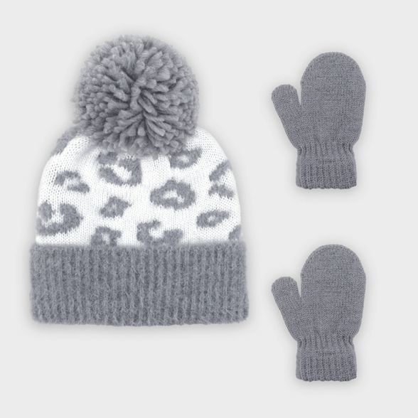 Toddler Girls' Leopard Cuffed Beanie and Magic Mittens Set - Cat & Jack™ White/Gray | Target