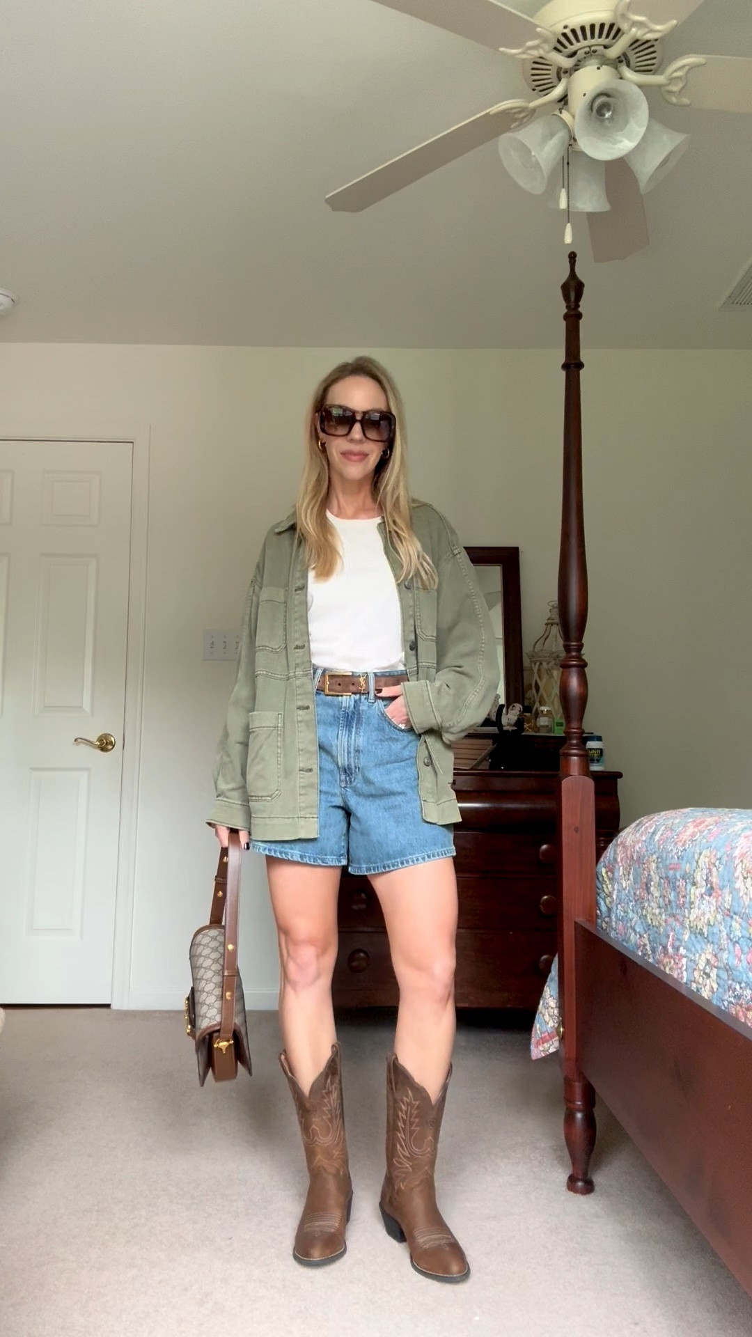 Transitional outfit, summer to fall style, utility jacket with denim shorts and cowboy boots

#LTKSeasonal #LTKOver40 #LTKSaleAlert