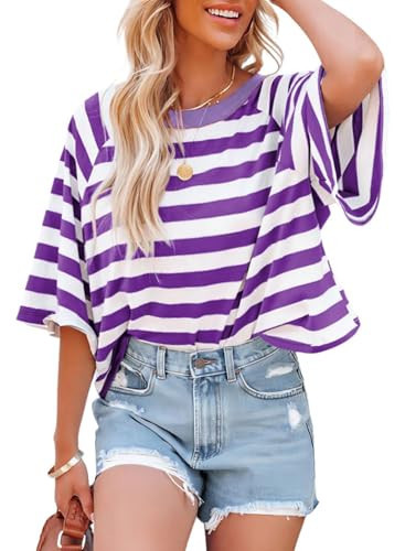 Dokotoo Womens Summer Tops Short Sleeve Crewneck Shirts for Women Color Block Loose Fit Womens Blouses 2026 Business Casual Striped Women's Clothing Purple Stripe | Amazon (US)