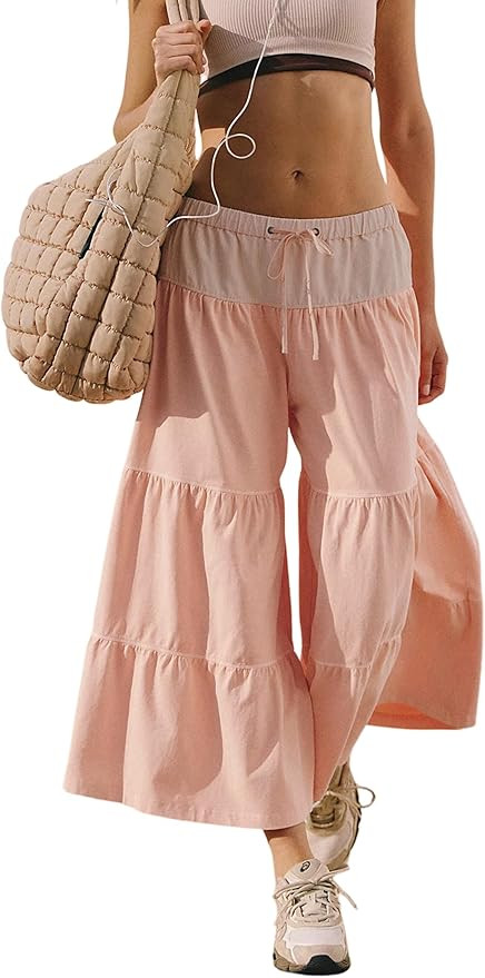 Womens Casual Loose Wide Leg Pants Flowy Drawstring Waist Cropped Pants with Pockets | Amazon (US)