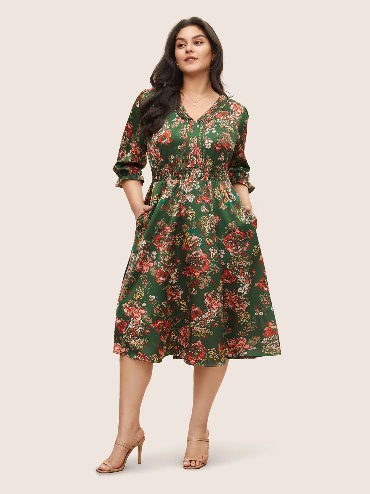 Floral Print Flutter Sleeve Shirred Pleated Dress | Bloomchic