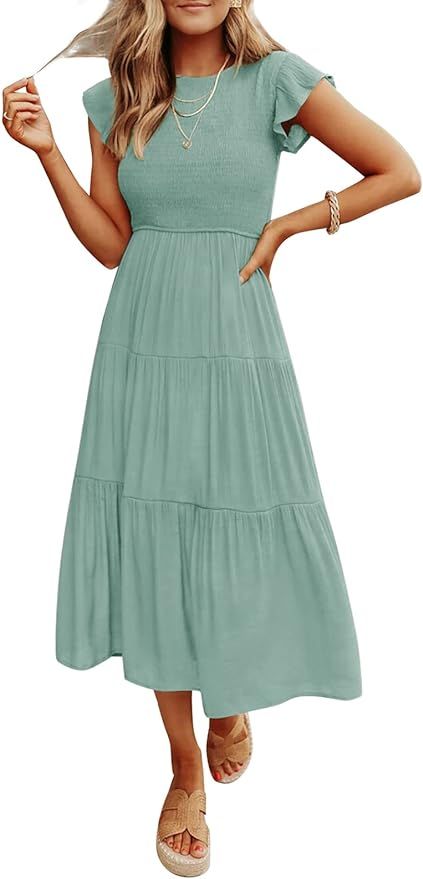 ZCSIA Women's Summer Casual Ruffle Short Sleeve Crewneck Smocked Tiered A Line Midi Dress | Amazon (US)