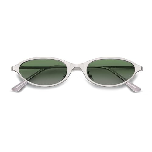 SOJOS Trendy Oval Cat Eye Sunglasses for Women, Chic 80s 90s Retro Small Narrow Sunnies SJ1287, Matt silver/Light Green | Amazon (US)