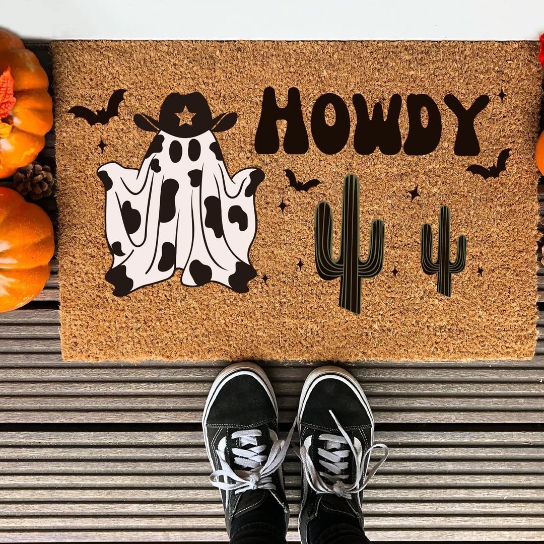 Ghost Cowboy, Halloween Ghost & Bat Pattern, Halloween Doormat, Halloween Decor, Fall Decor, Welc... | Etsy (US)