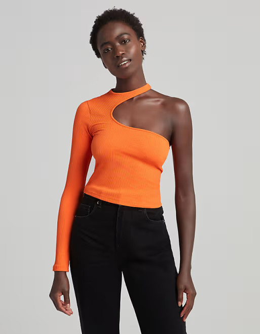 Bershka asymmetric one shoulder cut-out crop top in bright orange | ASOS (Global)