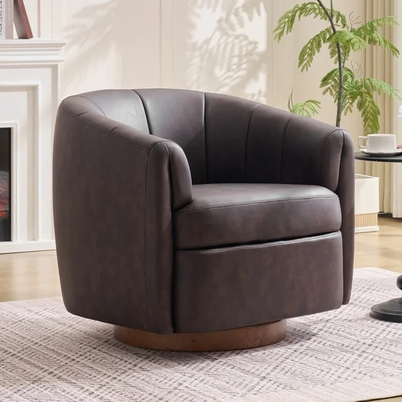 Leumius PU Leather Swivel Accent Chair, Upholstered Armchair with Solid Wood Base,Comfy Reading C... | Walmart (US)