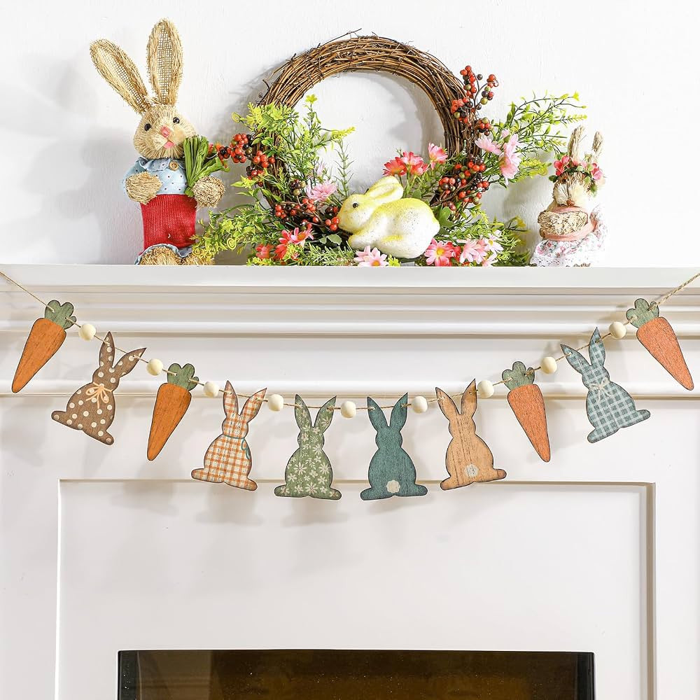 Wooden Rustic Easter Bunny Rabbit Banner Vintage Rabbit Beads Garland Farmhouse Spring Easter Gar... | Amazon (US)