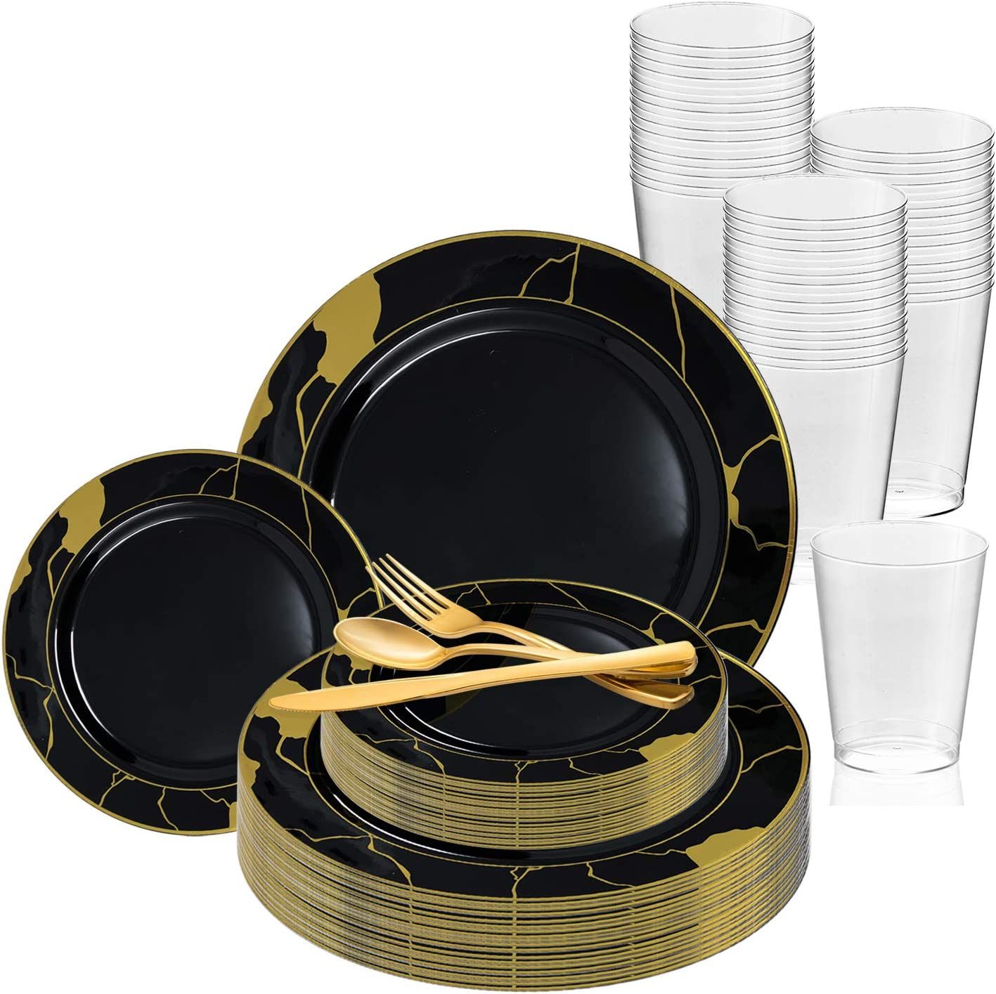 Elegant Disposable Plastic Dinnerware Set for 60 Guests - Fancy Black with Silver Marble Rim Dinn... | Walmart (US)