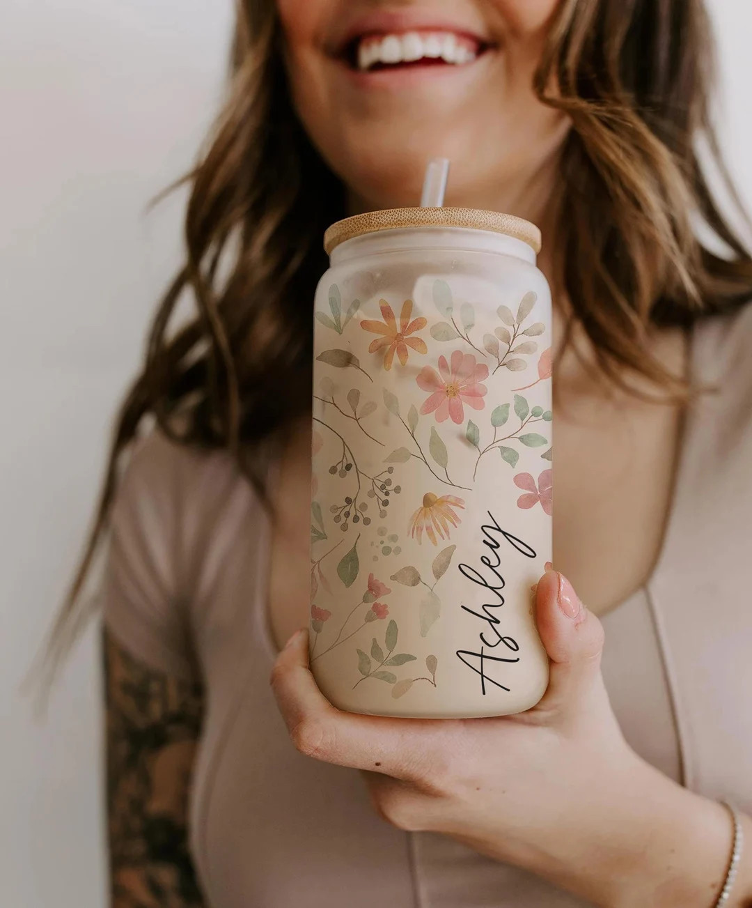 Personalized Iced Coffee Cup Floral Shell, Custom Can Glass With Lid and Straw, Bridesmaid Gift, ... | Etsy (US)