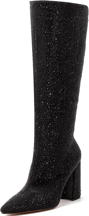 Women Rhinestone Boots Sparkly Pointed Toe Chunky Heels Knee High Boots | Amazon (US)