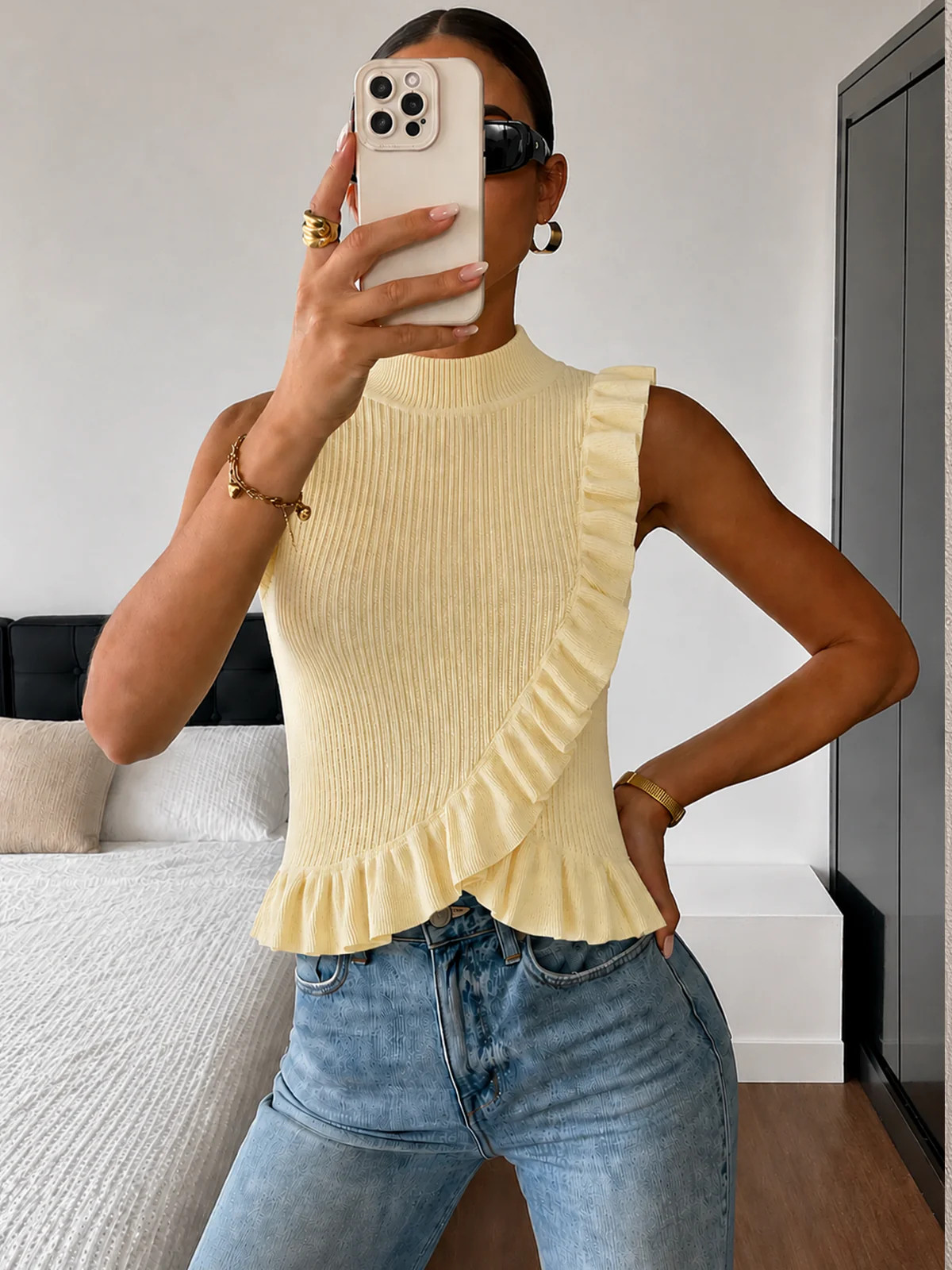 Ribbed High Neck Ruffle Sleeveless Top | Commense