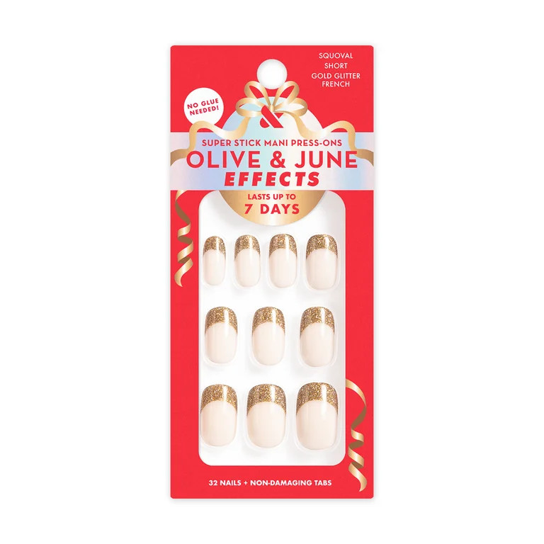 Olive & June Super Stick Effects Gold Glitter French, Short, Squoval | Walmart (US)