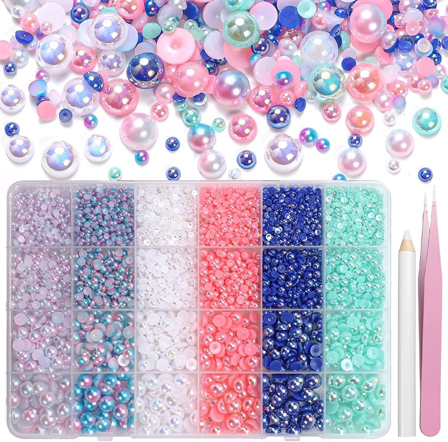 9000Pcs Flatback Pearls for Crafting, Blue Green Pink White Half Pearls Beads, 3-8mm Color Half R... | Amazon (US)