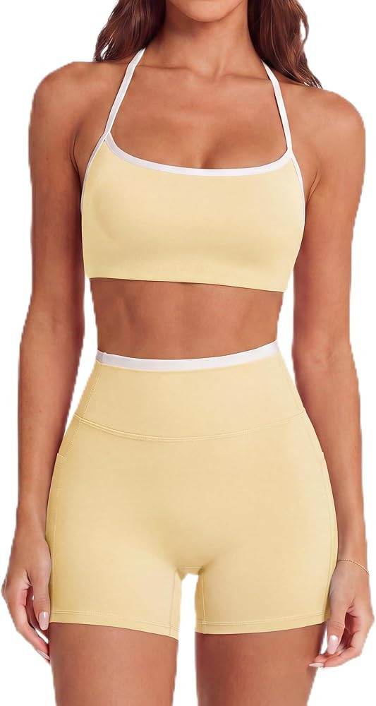 SUUKSESS Women 2 Piece Workout Sets Padded Halter Sports Bras High Waisted Biker Shorts with Pock... | Amazon (US)